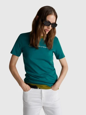 Benetton, T-shirt In 100% Cotton With Glitter Print Logo, size XXS, Dark Green, Women United Colors of Benetton