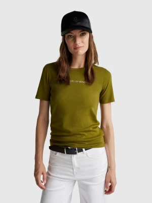 Benetton, T-shirt In 100% Cotton With Glitter Print Logo, Size: XXS, Military Green, Women United Colors of Benetton