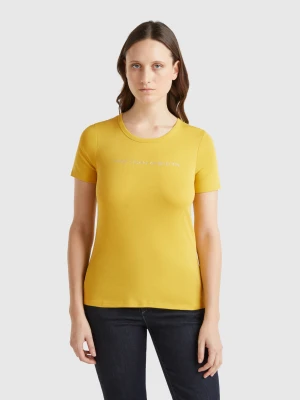Benetton, T-shirt In 100% Cotton With Glitter Print Logo, size XXS, Mustard, Women United Colors of Benetton