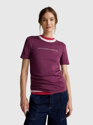 Benetton, T-shirt In 100% Cotton With Glitter Print Logo, Size: XXS, Plum, Women United Colors of Benetton