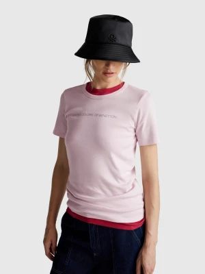 Benetton, T-shirt In 100% Cotton With Glitter Print Logo, Size: XXS, Soft Pink, Women United Colors of Benetton
