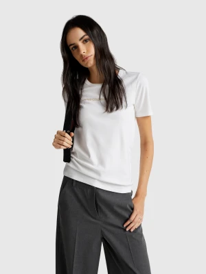 Benetton, T-shirt In 100% Cotton With Glitter Print Logo, Size: XXS, White, Women United Colors of Benetton