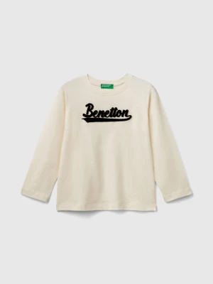 Benetton, T-shirt In Organic Cotton With Embroidered Logo, size 104, Creamy White, Kids United Colors of Benetton