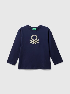 Benetton, T-shirt In Organic Cotton With Embroidered Logo, size 110, Dark Blue, Kids United Colors of Benetton