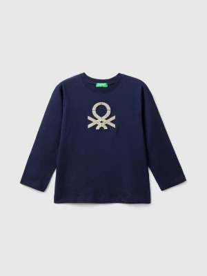 Benetton, T-shirt In Organic Cotton With Embroidered Logo, size 116, Dark Blue, Kids United Colors of Benetton