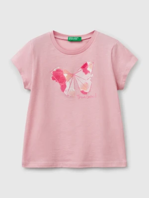 Benetton, T-shirt In Organic Cotton With Glitter, size 116, Pink, Kids United Colors of Benetton