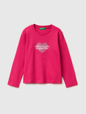 Benetton, T-shirt In Organic Cotton With Glittery Logo, Size: 116, Fuchsia, Kids United Colors of Benetton