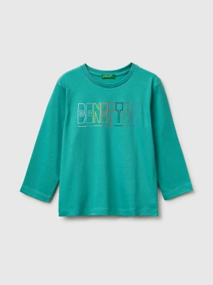 Benetton, T-shirt In Organic Cotton With Logo Print, Size: 116, Aqua, Kids United Colors of Benetton