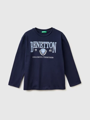 Benetton, T-shirt In Organic Cotton With Logo Print, Size: S, Dark Blue, Kids United Colors of Benetton