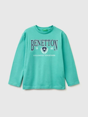 Benetton, T-shirt In Organic Cotton With Logo Print, Size: XL, Aqua, Kids United Colors of Benetton