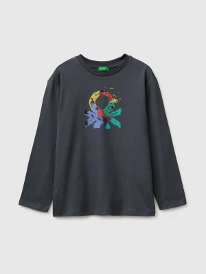 Benetton, T-shirt In Organic Cotton With Logo Print, Size: XL, Dark Gray, Kids United Colors of Benetton