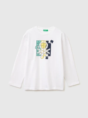 Benetton, T-shirt In Organic Cotton With Logo Print, Size: XL, White, Kids United Colors of Benetton