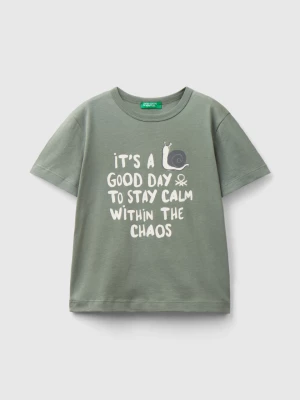 Benetton, T-shirt In Organic Cotton With Print, size 110, Military Green, Kids United Colors of Benetton