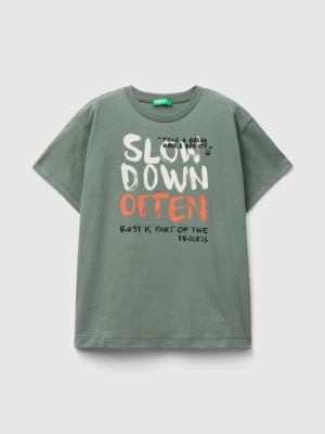 Benetton, T-shirt In Organic Cotton With Print, size 2XL, Military Green, Kids United Colors of Benetton