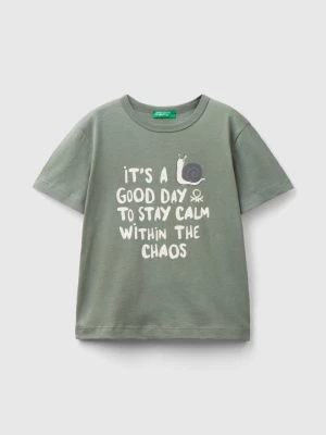 Benetton, T-shirt In Organic Cotton With Print, size 82, Military Green, Kids United Colors of Benetton