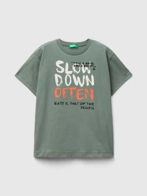 Benetton, T-shirt In Organic Cotton With Print, size S, Military Green, Kids United Colors of Benetton