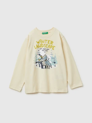 Benetton, T-shirt In Warm Cotton With Print, Size: 116, Creamy White, Kids United Colors of Benetton