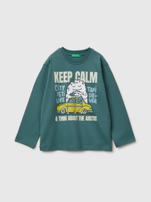 Benetton, T-shirt In Warm Cotton With Print, Size: 116, Turquoise, Kids United Colors of Benetton