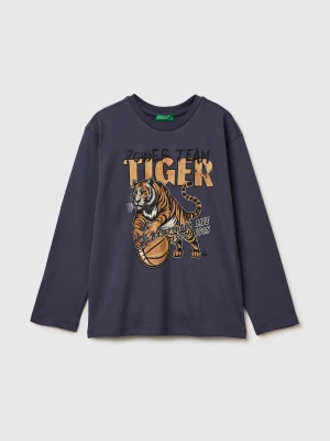 Benetton, T-shirt In Warm Cotton With Print, Size: XL, Air Force Blue, Kids United Colors of Benetton