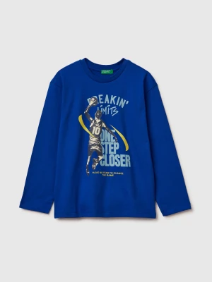Benetton, T-shirt In Warm Cotton With Print, Size: XL, Bright Blue, Kids United Colors of Benetton