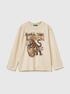 Benetton, T-shirt In Warm Cotton With Print, Size: XL, Creamy White, Kids United Colors of Benetton