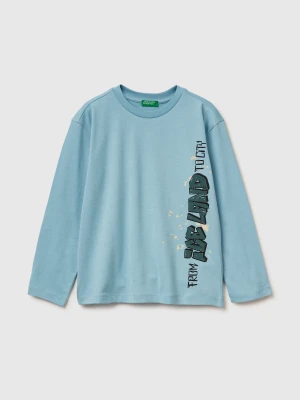 Benetton, T-shirt In Warm Cotton With Print, Size: XL, Light Blue, Kids United Colors of Benetton