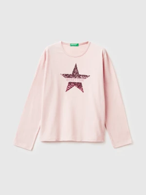 Benetton, T-shirt In Warm Cotton With Sequins, Size: 2XL, Soft Pink, Kids United Colors of Benetton