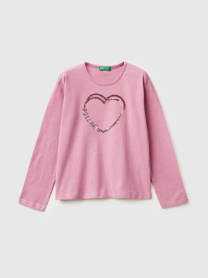 Benetton, T-shirt In Warm Cotton With Sequins, Size: XL, Pink, Kids United Colors of Benetton