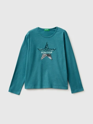 Benetton, T-shirt In Warm Cotton With Sequins, Size: XL, Turquoise, Kids United Colors of Benetton