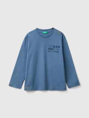 Benetton, T-shirt In Warm Cotton With Slogan Print, size S, Air Force Blue, Kids United Colors of Benetton