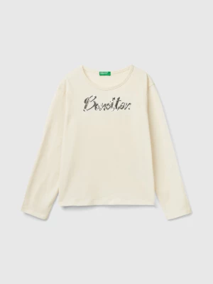 Benetton, T-shirt In Warm Organic Cotton With Sequins, size 2XL, Creamy White, Kids United Colors of Benetton