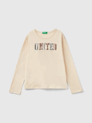 Benetton, T-shirt In Warm Organic Cotton With Sequins, size L, Creamy White, Kids United Colors of Benetton