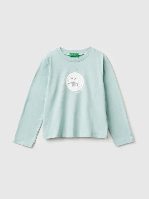 Benetton, T-shirt With Glittery Print, Size: 116, Aqua, Kids United Colors of Benetton