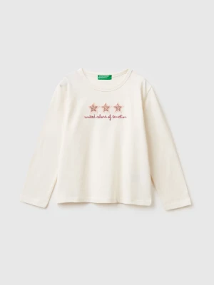 Benetton, T-shirt With Print And Sequins, Size: 116, Creamy White, Kids United Colors of Benetton