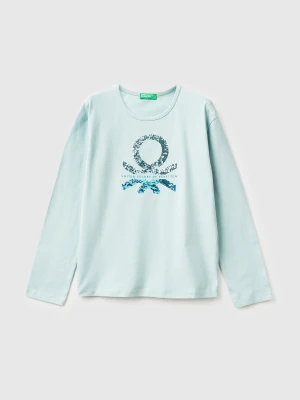 Benetton, T-shirt In Warm Cotton With Sequins, Size: XL, Aqua, Kids United Colors of Benetton