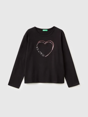 Benetton, T-shirt In Warm Cotton With Sequins, Size: XL, Black, Kids United Colors of Benetton
