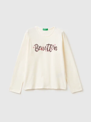 Benetton, T-shirt In Warm Cotton With Sequins, Size: XL, Creamy White, Kids United Colors of Benetton