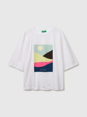 Benetton, Oversized T-shirt With Print, Size: XXS, White, Women United Colors of Benetton