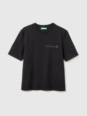 Benetton, T-shirt With "amour" Embroidery, Size: XS, Black, Women United Colors of Benetton