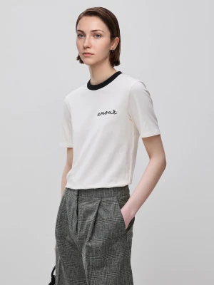 Benetton, T-shirt With "amour" Embroidery, Size: XS, Creamy White, Women United Colors of Benetton