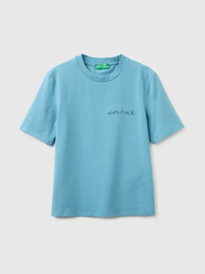 Benetton, T-shirt With "amour" Embroidery, Size: XS, Light Blue, Women United Colors of Benetton