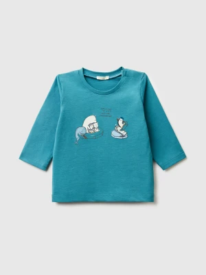 Benetton, T-shirt With Embossed Print, Size: 82, Teal, Kids United Colors of Benetton