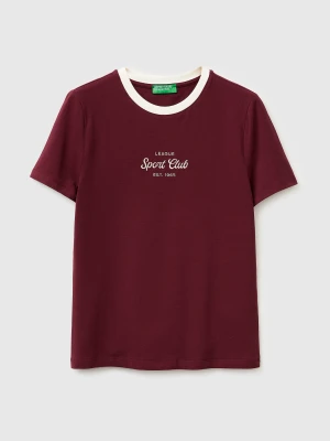 Benetton, T-shirt With Embroidered Crest, Size: XS, Burgundy, Women United Colors of Benetton