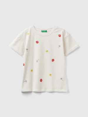 Benetton, T-shirt With Embroidered Flowers, size 2XL, Creamy White, Kids United Colors of Benetton