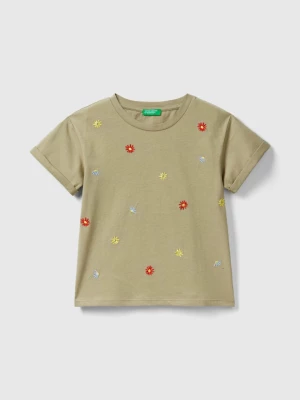 Benetton, T-shirt With Embroidered Flowers, size 2XL, Light Green, Kids United Colors of Benetton