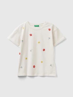 Benetton, T-shirt With Embroidered Flowers, size M, Creamy White, Kids United Colors of Benetton