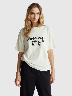Benetton, T-shirt With Embroidered Slogan, Size: XS, Creamy White, Women United Colors of Benetton