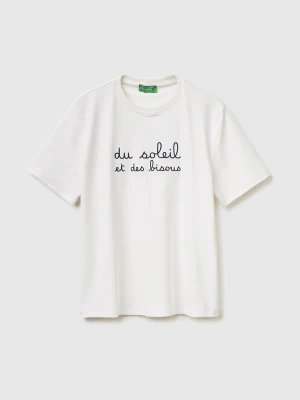 Benetton, T-shirt With Embroidered Writing, Size: XS, Creamy White, Women United Colors of Benetton