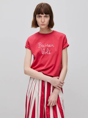 Benetton, T-shirt With Embroidered Writing, Size: XXS, Strawberry, Women United Colors of Benetton