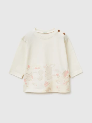 Zdjęcie produktu Benetton, T-shirt With Embroidery And Print, Creamy White, Kids United Colors Of Benetton